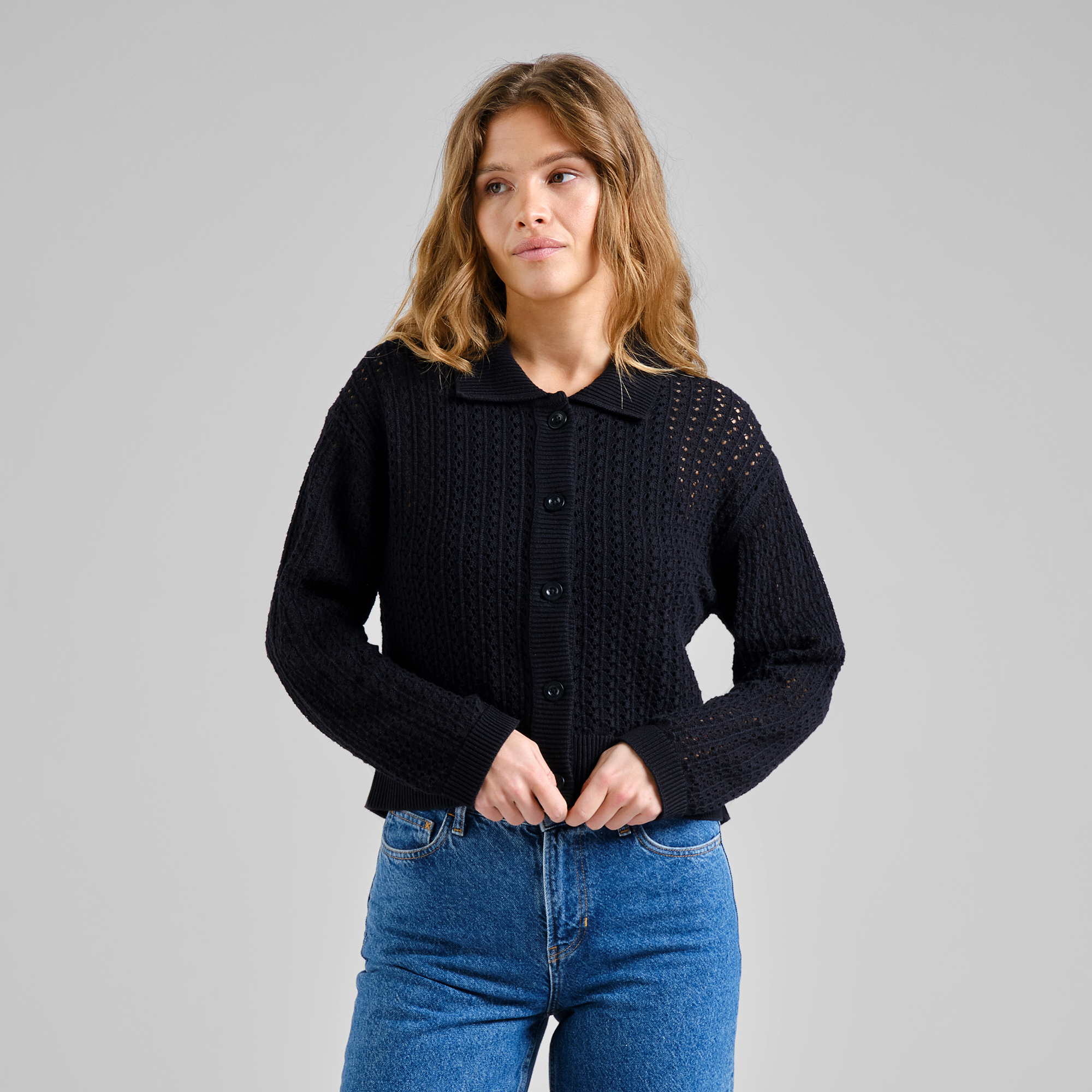 DEDICATED - Knitted Cardigan Rosendal Crochet Black