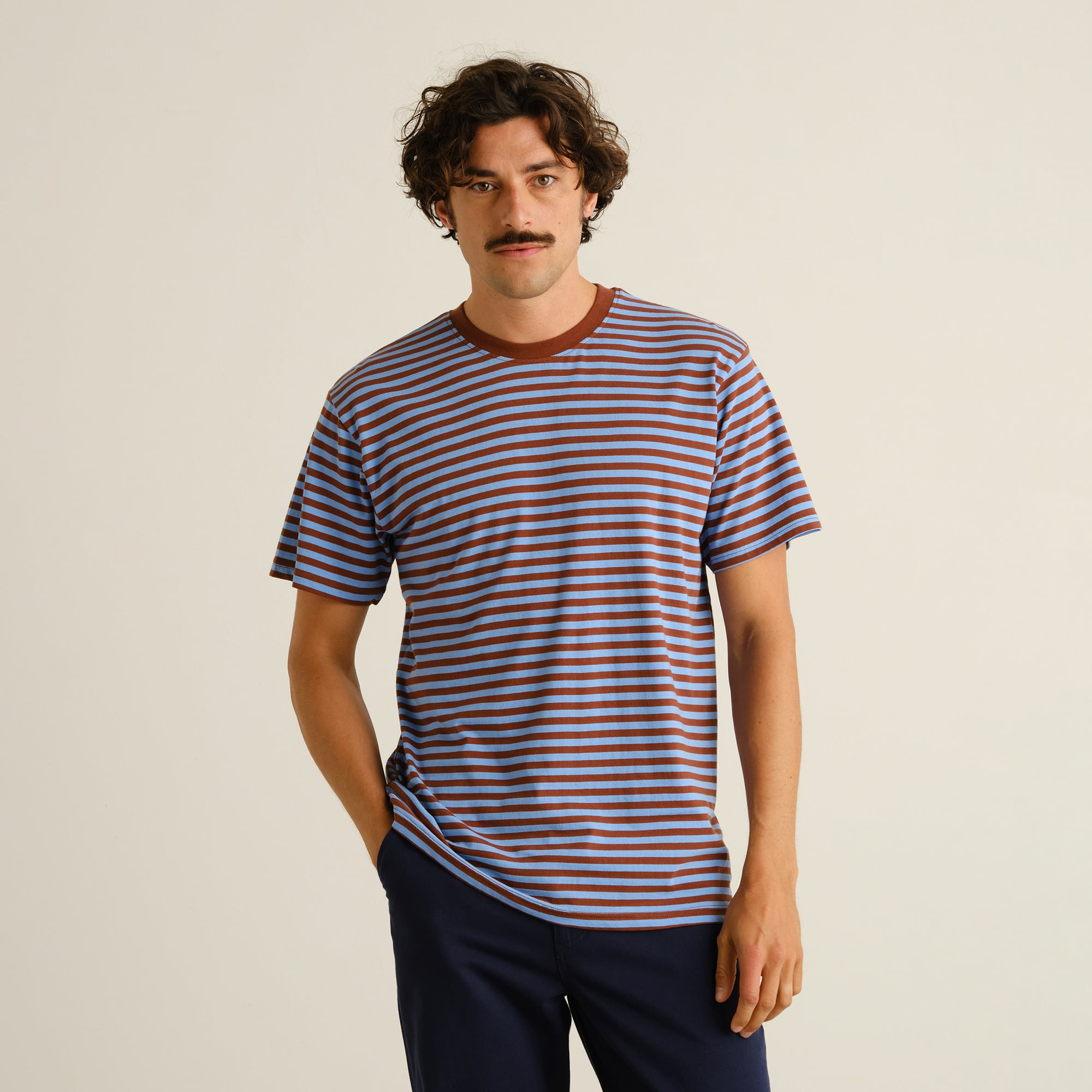 DEDICATED - T-shirt Stockholm Stripes Cappuccino Brown/Cornflower Blue